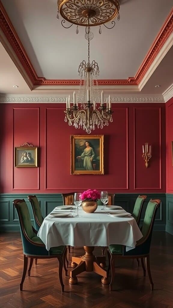 A dining room featuring deep red walls, a chandelier, and classic decor.