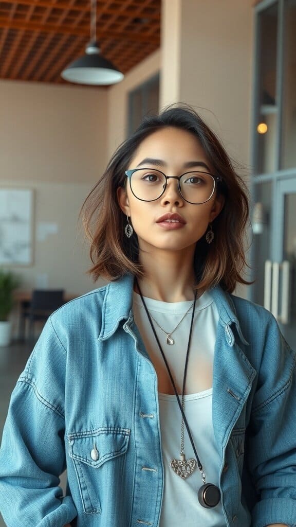 A confident person wearing glasses and a denim jacket, exuding authenticity and style.