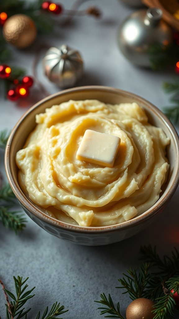 A bowl of creamy mashed potatoes topped with a pat of butter, surrounded by festive decorations.