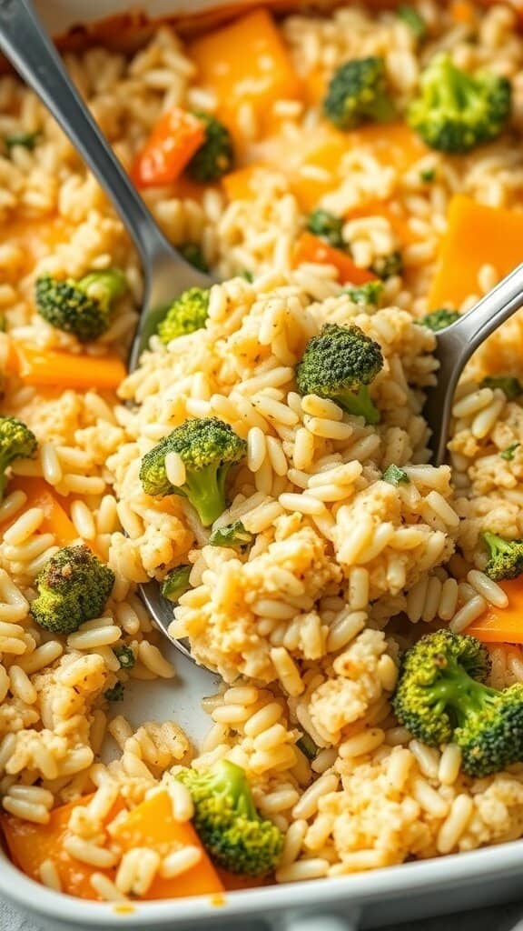 A close-up of cheesy broccoli and rice casserole with broccoli florets and orange cheese.