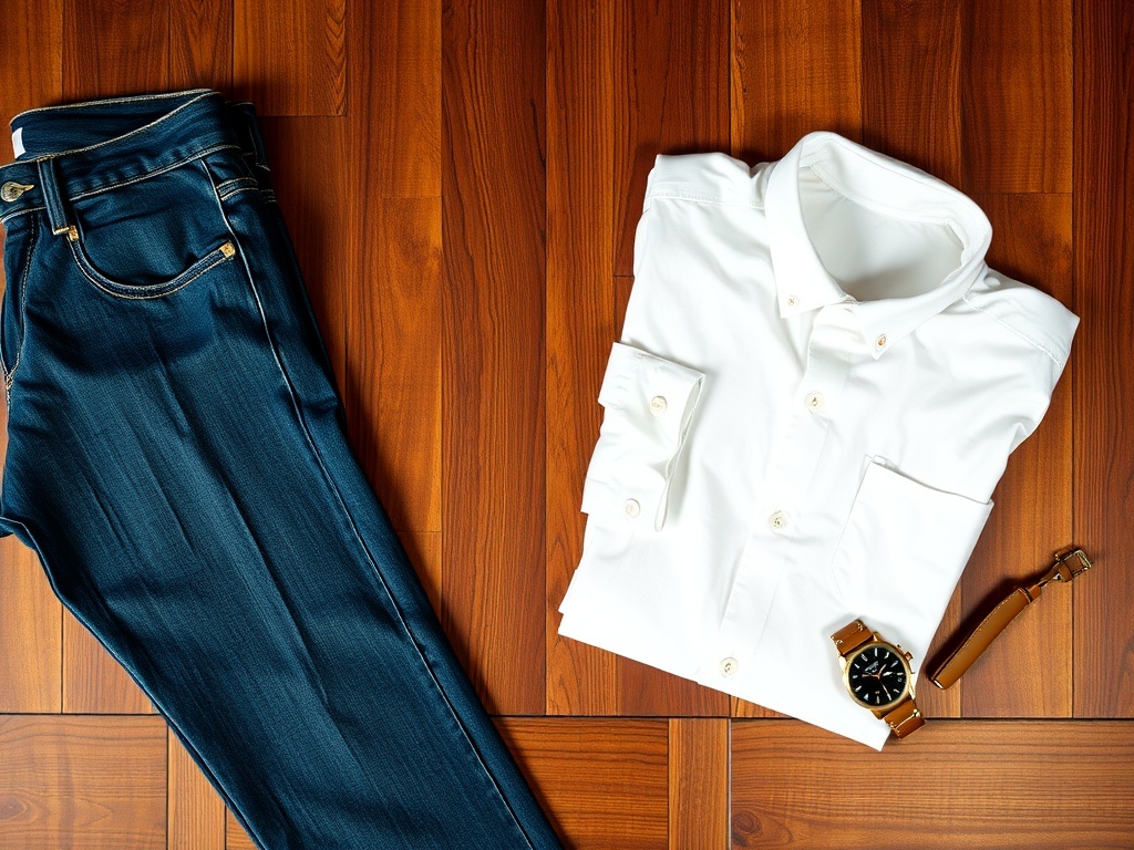 A classic white button-up shirt folded next to dark denim jeans and a watch on a wooden surface.