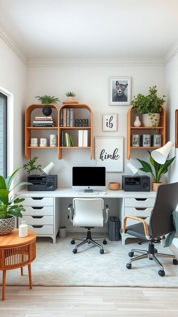 A bright and organized home office with a desk, two chairs, plants, and shelves.