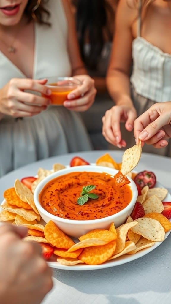 A vibrant bowl of spicy dip surrounded by crunchy chips and fresh strawberries, with guests reaching for the dip.