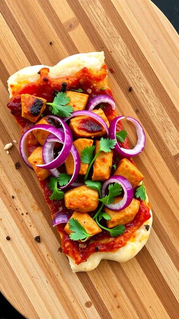 BBQ Chicken Pizza with Red Onions on a wooden cutting board