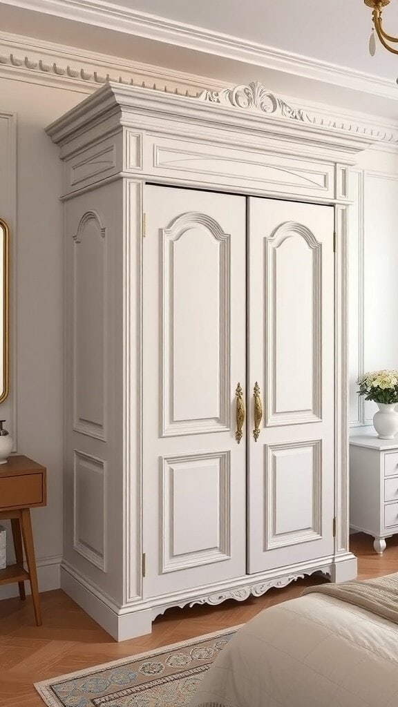 A white wardrobe with decorative molding and ornate handles, showcasing elegance and style.