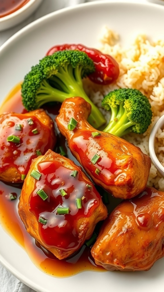 A plate of honey garlic chicken with broccoli and rice, drizzled with sauce.