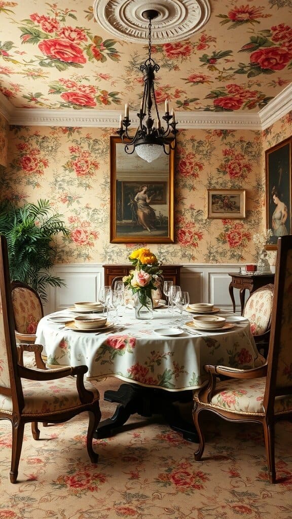 A dining room with floral wallpaper, floral tablecloth, and floral upholstery, showcasing excessive floral patterns typical of the 80s.
