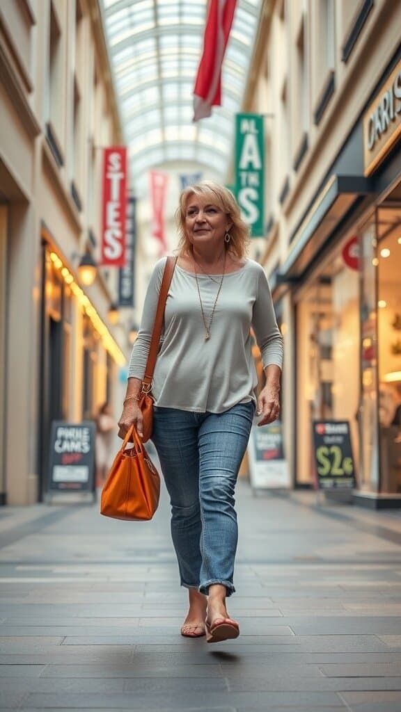 A woman over 50 walking in a shopping arcade, wearing comfortable flats and carrying an orange bag.