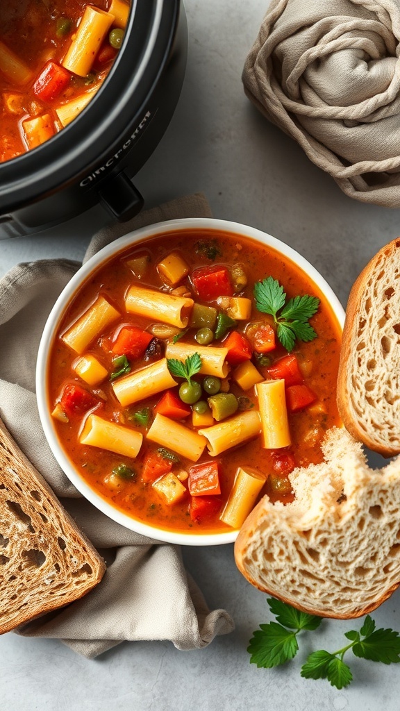 A bowl of minestrone soup with colorful vegetables and pasta, served with crusty bread.