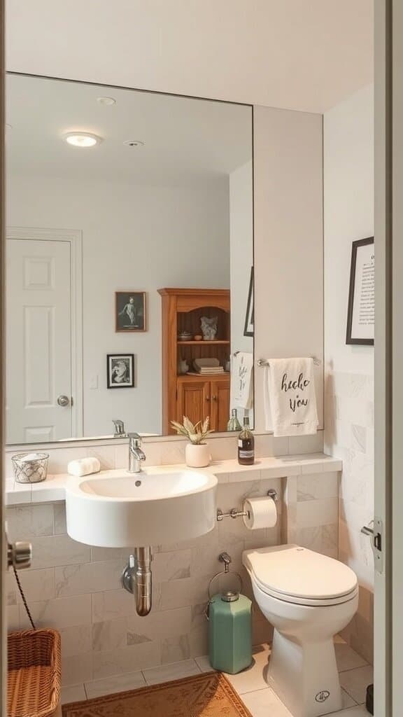 A bathroom featuring a large mirror, modern sink, and neutral decor.