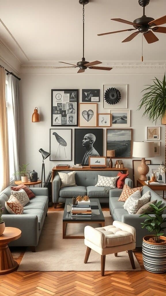 A stylish living room with modern furniture and decor, showcasing a mix of trendy elements.