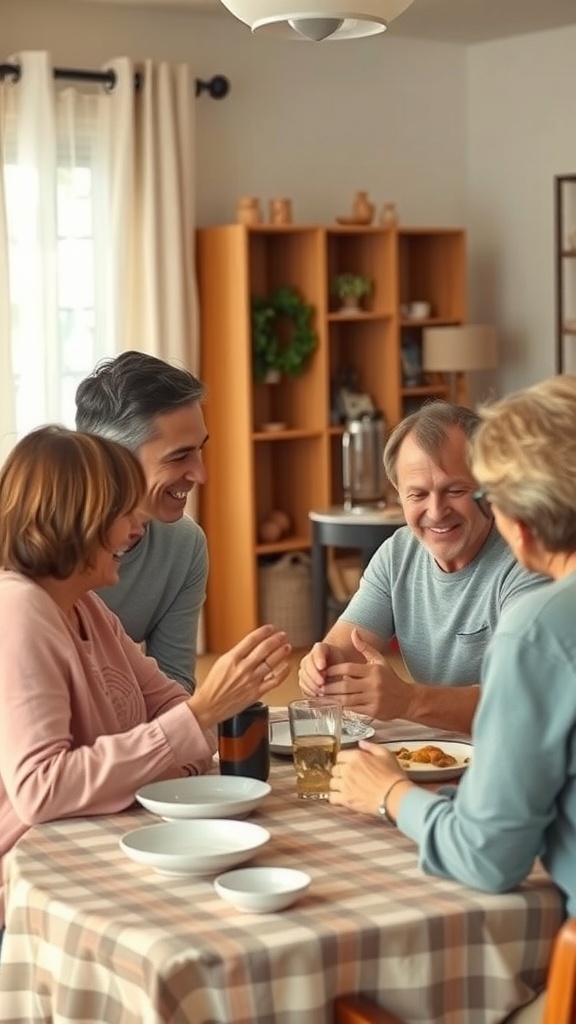 A group of four people enjoying a meal together, laughing and engaging in conversation around a table.