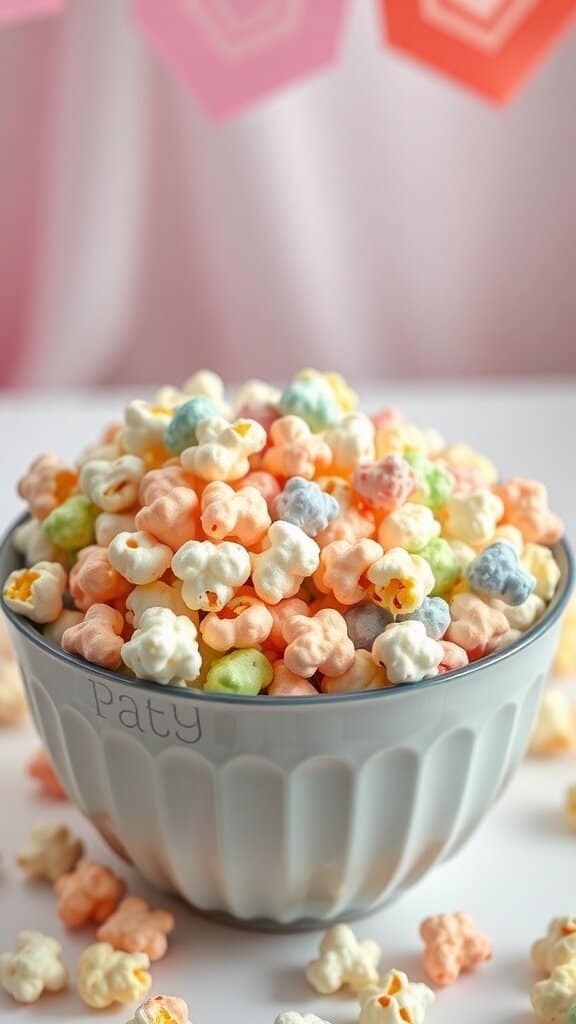 A bowl of colorful funky flavored popcorn at a baby shower.