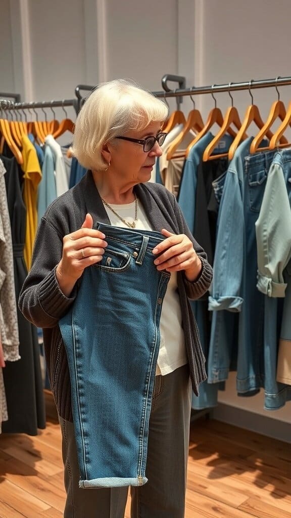 A woman holding a pair of jeans while shopping in a clothing store.