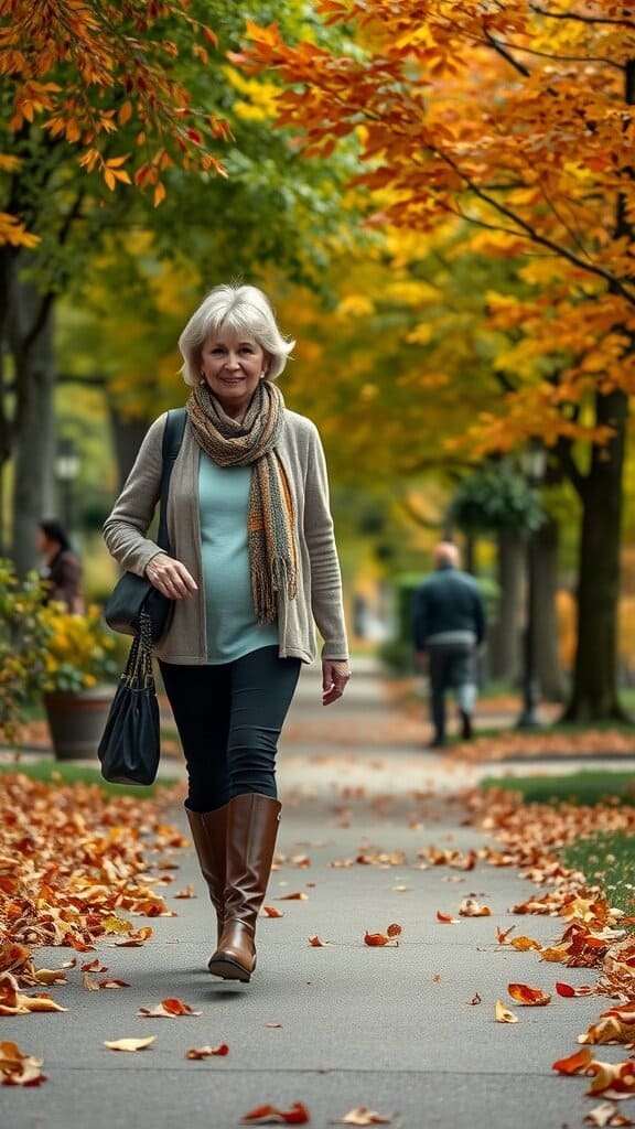 A woman walking on a leaf-covered path in autumn, wearing comfortable ankle boots, leggings, and a cardigan.