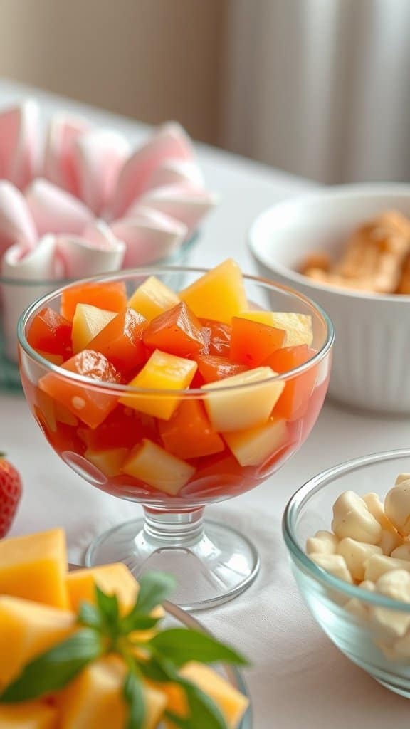 A bowl of colorful canned fruit cocktail with various fruits, marshmallows, and a garnish of cherries.