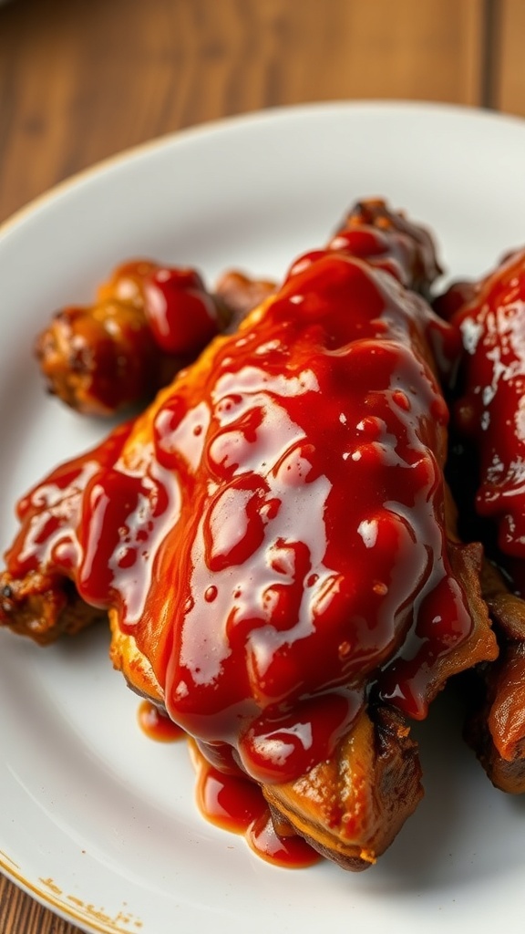 A plate of BBQ chicken covered in sweet sauce.