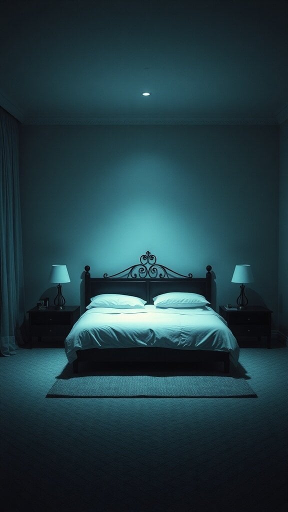 A dimly lit guest bedroom with a bed and lamps, creating an uninviting atmosphere.