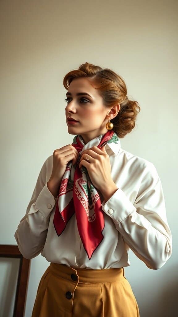 A woman tying a luxurious silk scarf around her neck, showcasing a classic old money style.