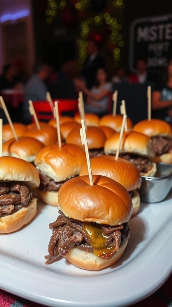 A platter of mystery meat sliders with toothpicks, ready for a Super Bowl party.