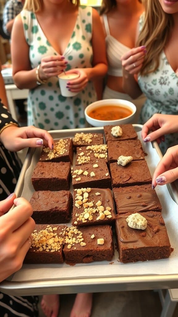 A tray of vegan brownies topped with various ingredients, surrounded by friends enjoying dessert.