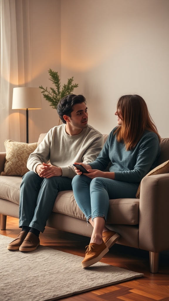 A couple sitting on a couch, engaged in a conversation in a cozy living room.