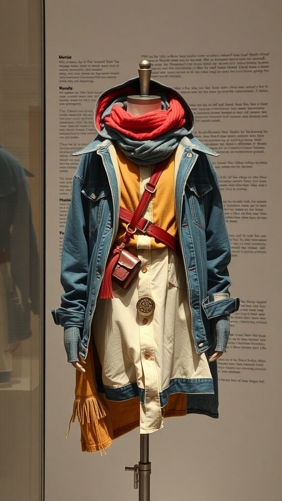 A mannequin displaying an outfit with multiple layers, including a denim jacket, scarf, and long shirt.
