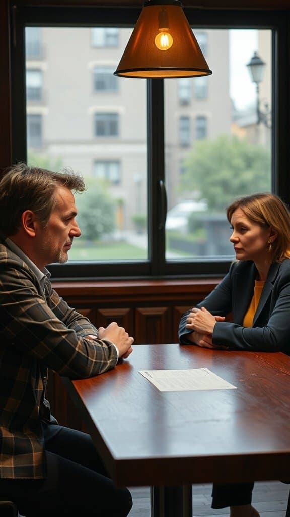 A man and a woman sitting at a table, engaged in a serious conversation in a cozy setting.
