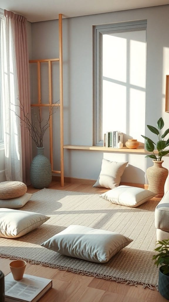 A serene living room space with soft pillows, natural light, and minimal decor, perfect for meditation.