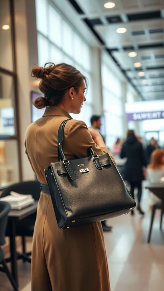 A woman wearing a stylish outfit and carrying a structured black handbag.