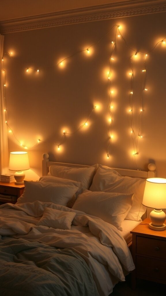 A cozy bedroom with soft lighting from string lights and bedside lamps.