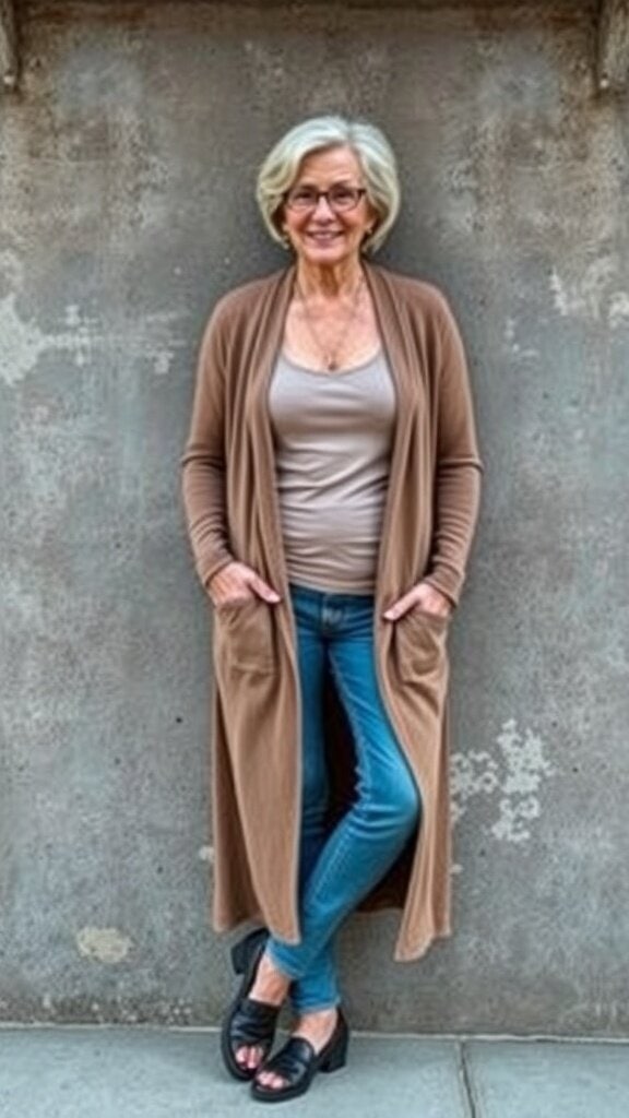 A woman over 50 wearing a long brown cardigan, a light top, and blue jeans, standing against a textured wall.