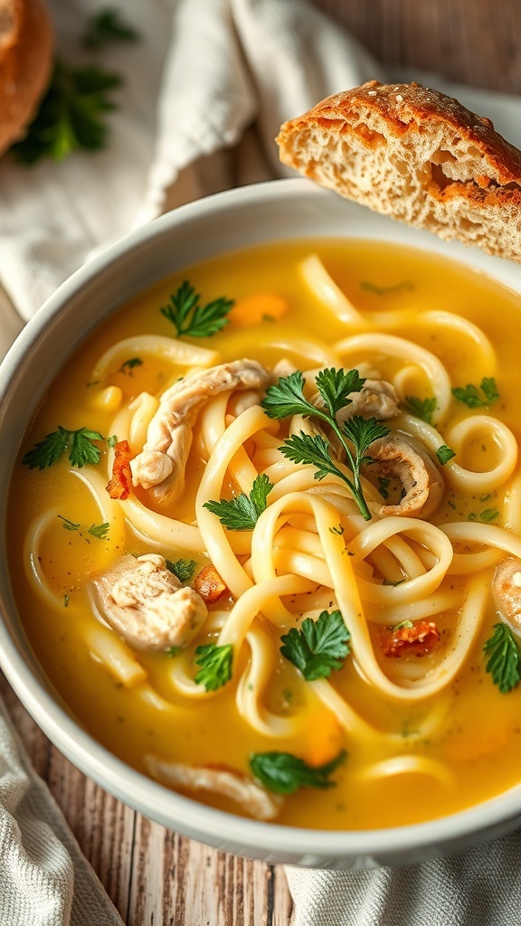 A bowl of chicken noodle soup with noodles, chicken pieces, and parsley, alongside a piece of crusty bread.