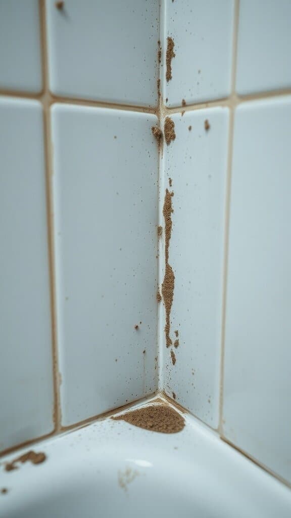 Close-up of dirty corners in a bathroom showing grime and dust buildup