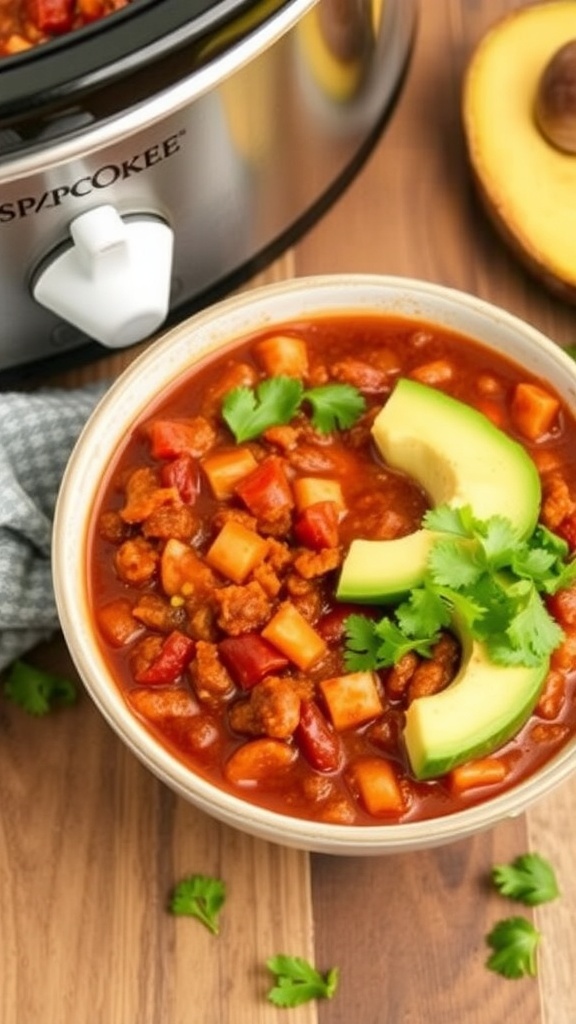 A bowl of vegetarian chili topped with avocado and cilantro, with a crockpot in the background.