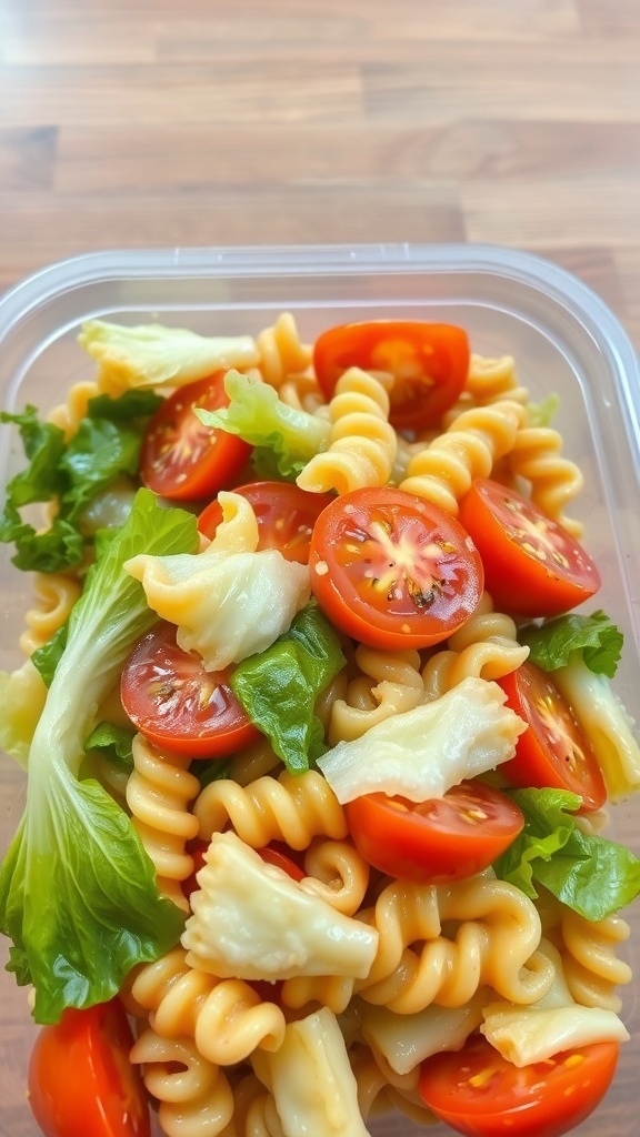 A container of soggy vegetable pasta salad with rotini pasta, cherry tomatoes, and lettuce.