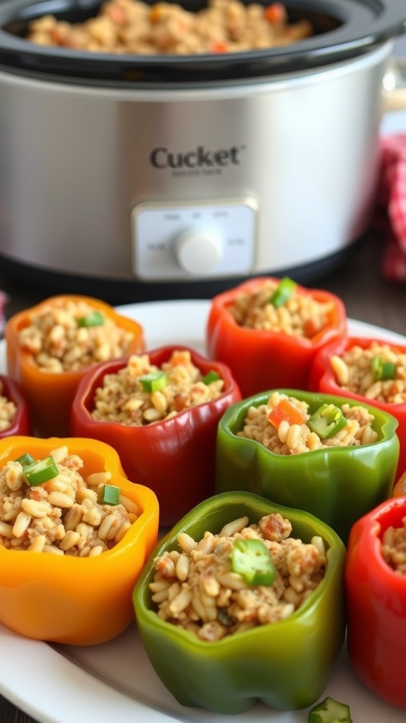 Colorful stuffed bell peppers ready for cooking in a crockpot.