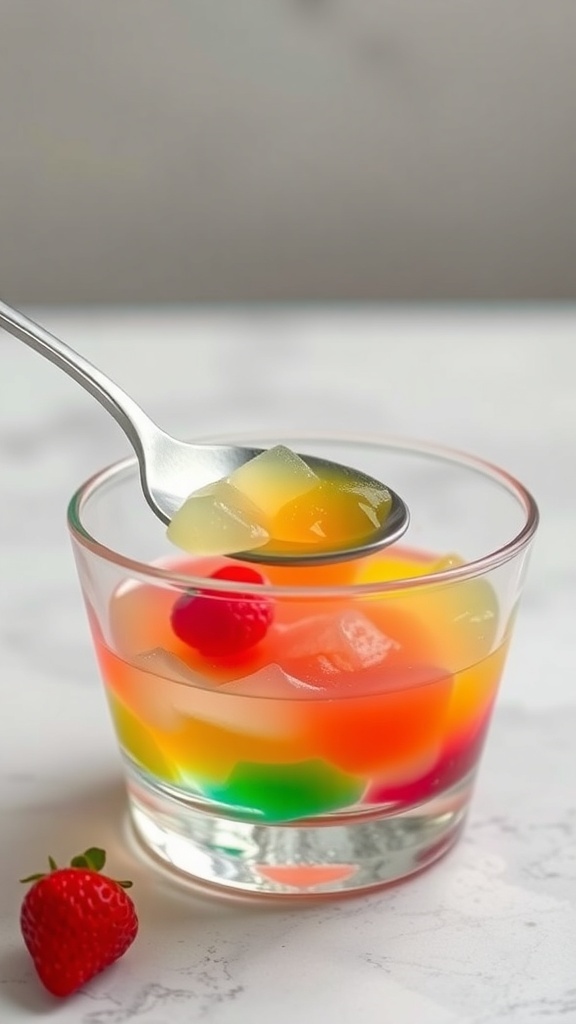 A colorful gelatin dessert in a glass with a spoon, featuring fruit pieces.