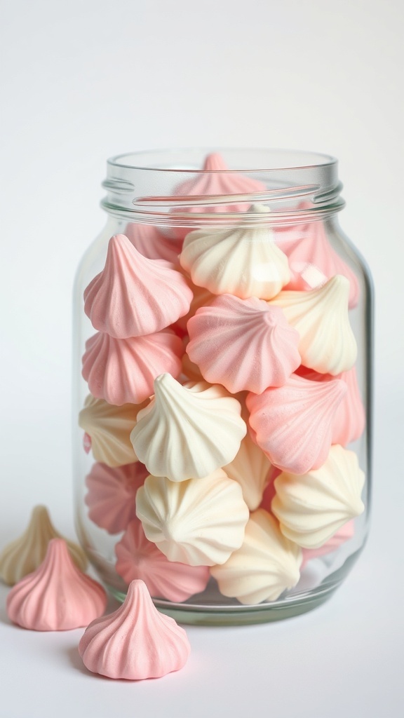 A jar filled with pastel meringue kisses in pink and white colors.