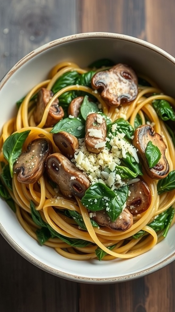 A bowl of creamy spinach and mushroom pasta topped with fresh spinach and mushrooms.