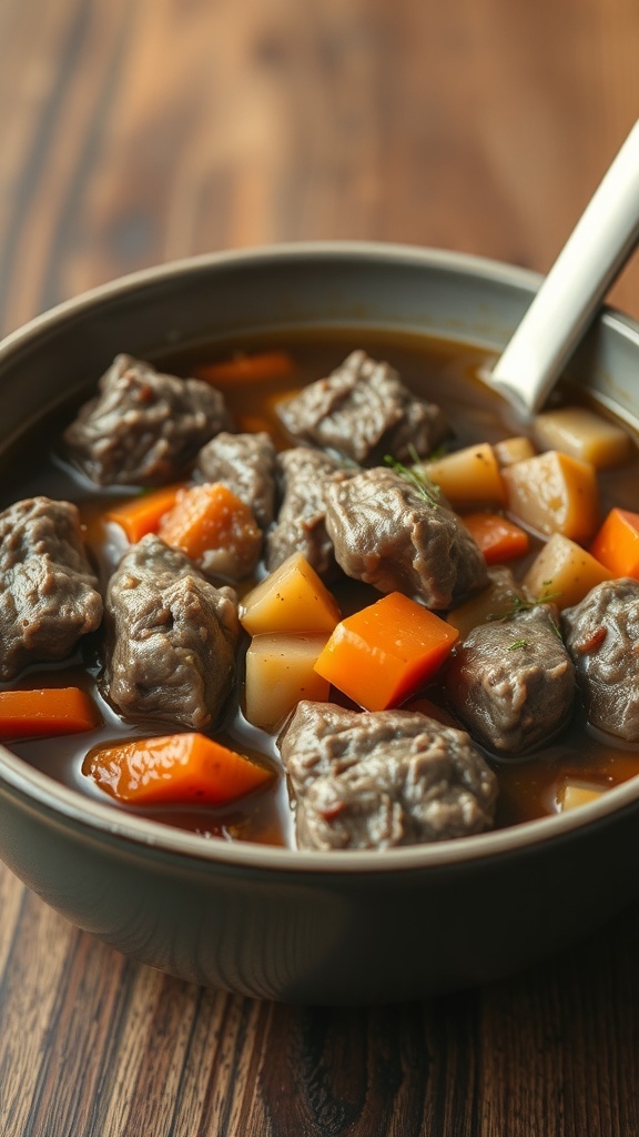 A bowl of overcooked meat stew with chunks of beef and vegetables