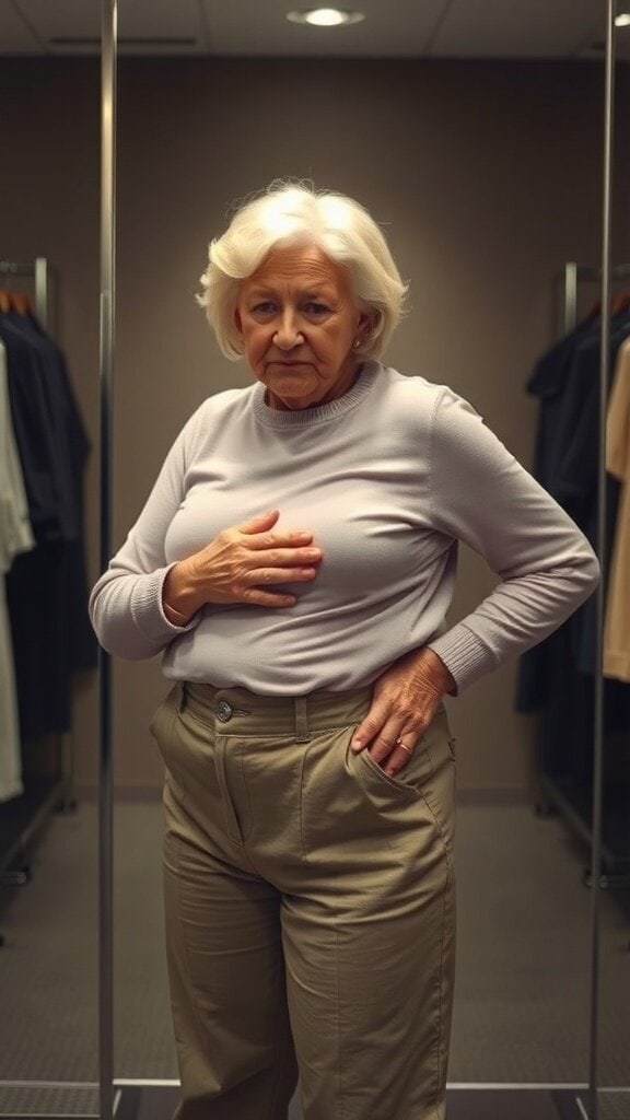 An older woman in a fitting room looking uncomfortable in tight clothing.