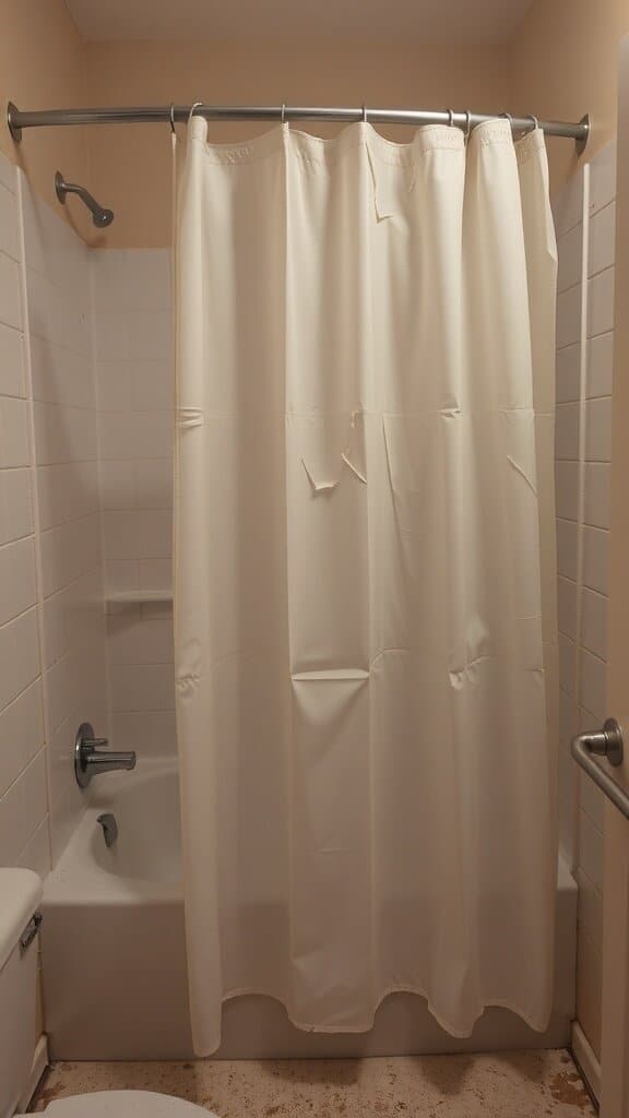 A worn and damaged shower curtain in a bathroom