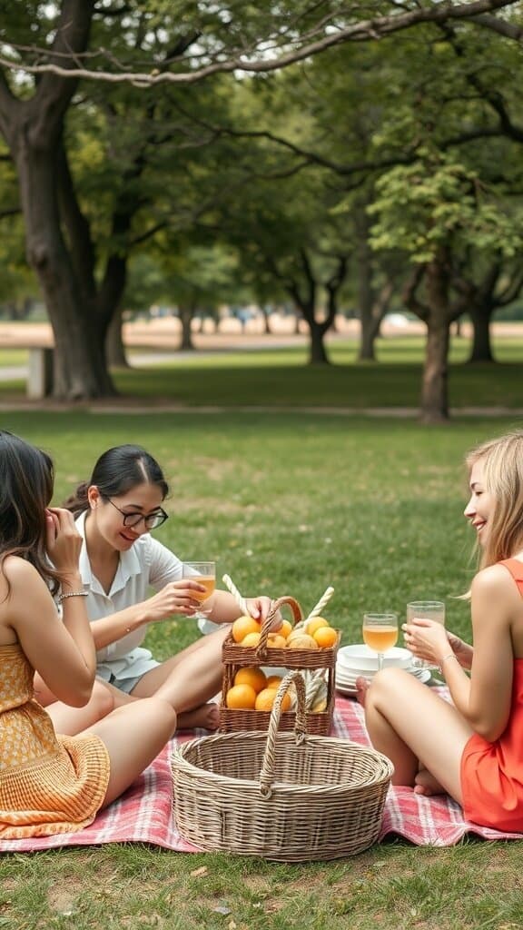 Three women enjoying a picnic in a park, laughing and sharing drinks.