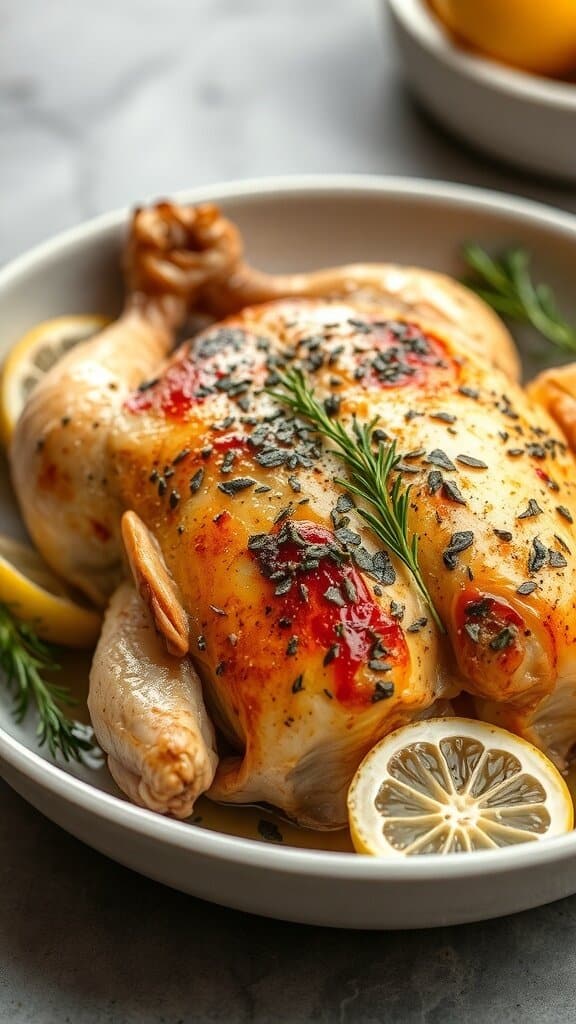 A beautifully roasted lemon herb chicken surrounded by potatoes and lemon slices on a white platter.