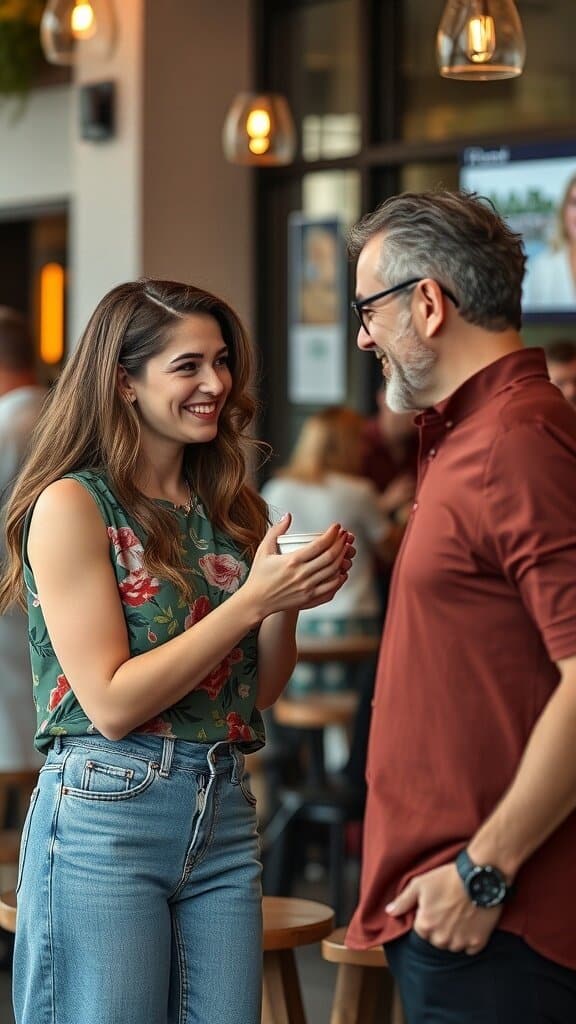 A man and a woman engaged in a warm conversation, sharing thoughtful compliments.