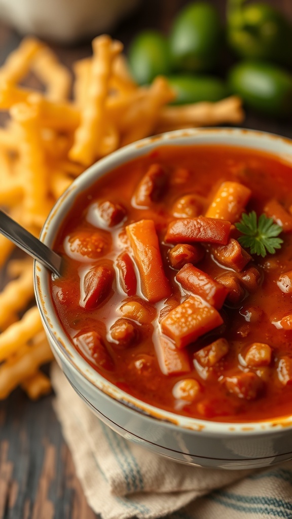 A bowl of chili with various ingredients like beans and vegetables.