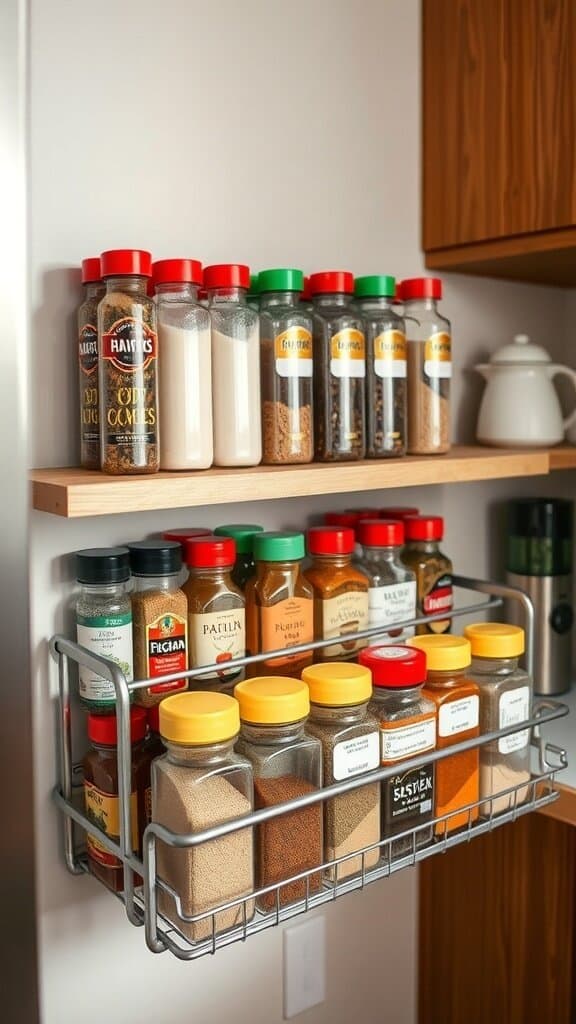An organized spice rack with various spices in clear containers, showcasing easy access for cooking.