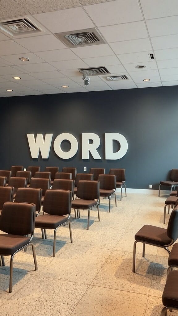 A room with rows of simple chairs and a large wall that says 'WORD'.