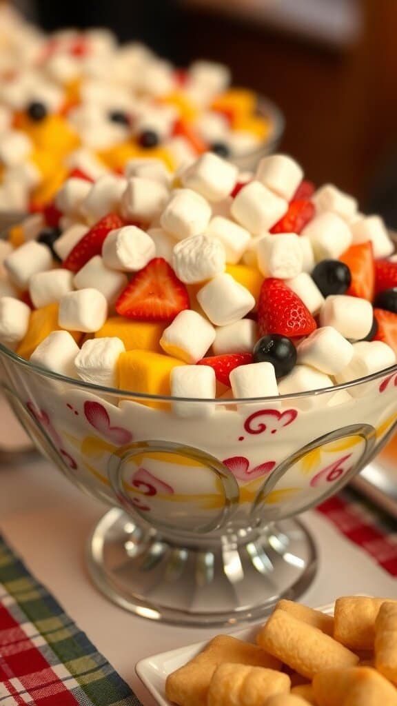 A colorful bowl of ambrosia salad filled with fruits and marshmallows, perfect for a family reunion.